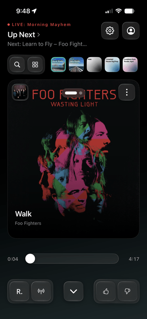 Rad.FM on iPhone, playing Walk by Foo Fighters on Morning Mayhem